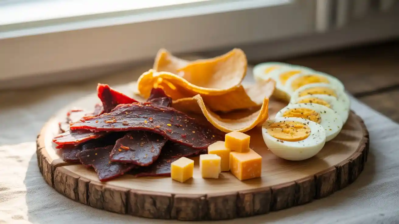 Realistic zero-carb snack platter on a rustic wooden board, featuring sliced meats, cheese cubes, boiled eggs, olives, and cucumber slices.