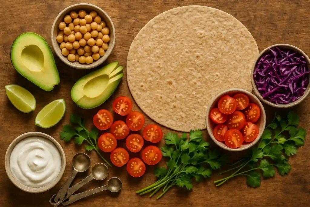 Colorful healthy wrap with grilled chicken, fresh veggies, and creamy sauce on a whole grain tortilla, sliced and ready to eat.