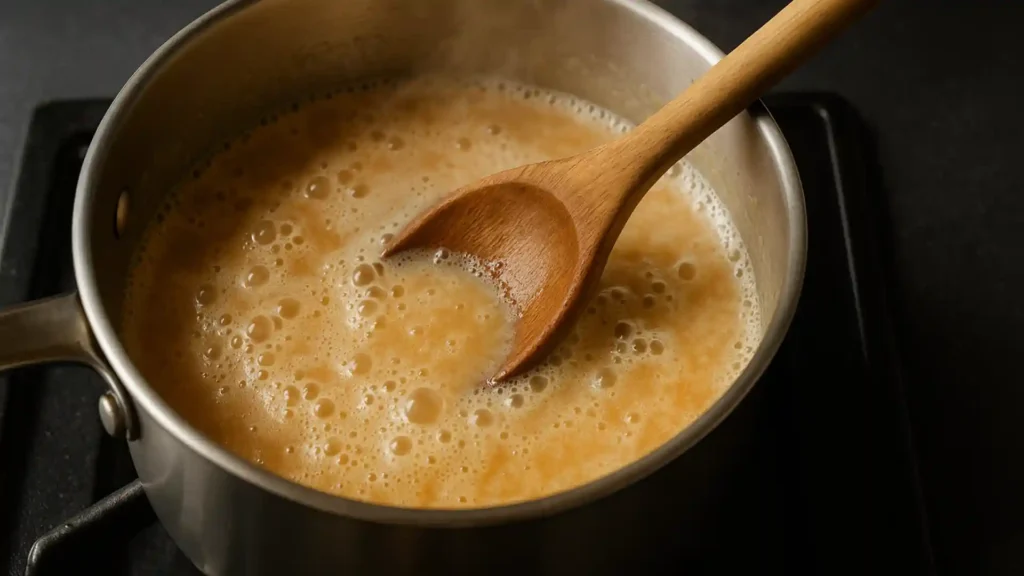 Cooking Mexican spoon candy step by step with milk, sugar, and butter in a saucepan.