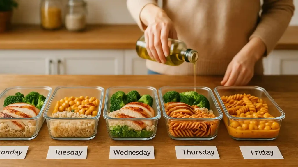 Cozy kitchen scene with labeled meal prep containers for Monday to Friday holding grilled chicken, brown rice, broccoli, chickpea curry, and lentil pasta, with a person pouring olive oil in soft morning light.