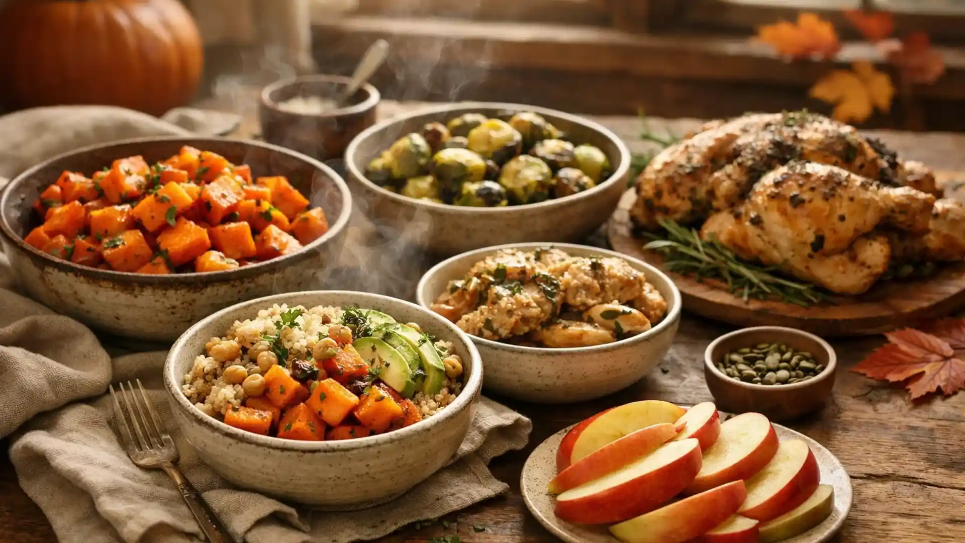 Healthy fall foods with roasted vegetables and chicken.