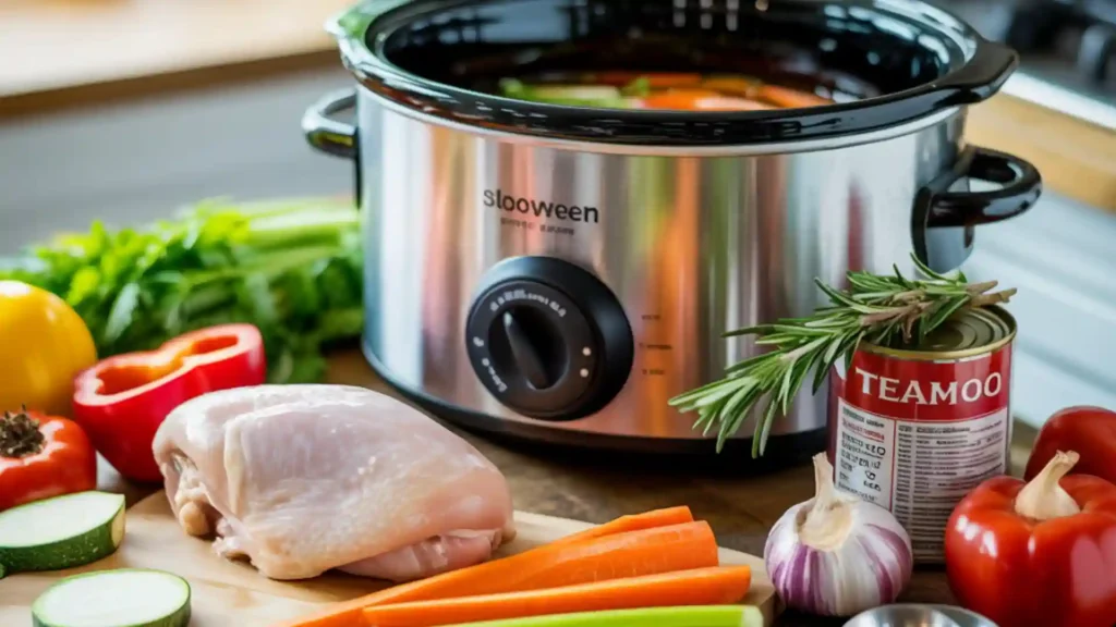 Slow cooker with fresh healthy ingredients on a kitchen counter.